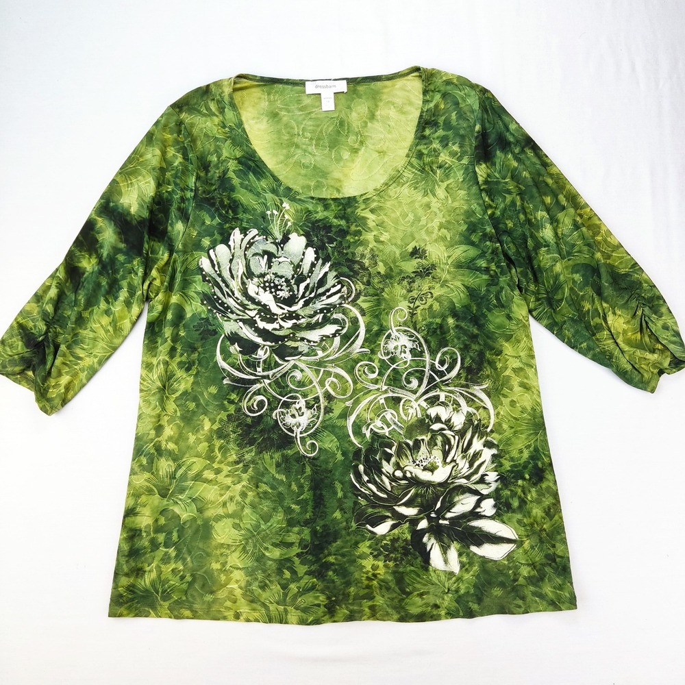 Dressbarn Top Womens 1X Green Floral Tie Dye Rhinestone 3/4 Sleeve Ruched Scroll